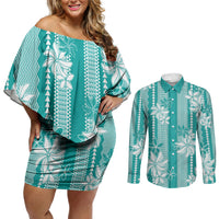 Hawaii Kakau Tribal Couples Matching Off Shoulder Short Dress and Long Sleeve Button Shirt With Teal Tiare LT05 Teal - Polynesian Pride