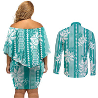 Hawaii Kakau Tribal Couples Matching Off Shoulder Short Dress and Long Sleeve Button Shirt With Teal Tiare LT05 - Polynesian Pride