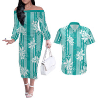 Hawaii Kakau Tribal Couples Matching Off The Shoulder Long Sleeve Dress and Hawaiian Shirt With Teal Tiare LT05 Teal - Polynesian Pride
