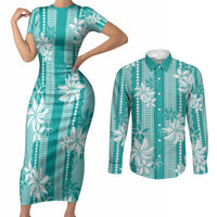 Hawaii Kakau Tribal Couples Matching Short Sleeve Bodycon Dress and Long Sleeve Button Shirt With Teal Tiare LT05 Teal - Polynesian Pride