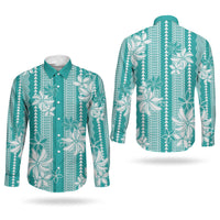 Hawaii Kakau Tribal Couples Matching Short Sleeve Bodycon Dress and Long Sleeve Button Shirt With Teal Tiare LT05 - Polynesian Pride