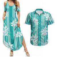 Hawaii Kakau Tribal Couples Matching Summer Maxi Dress and Hawaiian Shirt With Teal Tiare LT05 Teal - Polynesian Pride