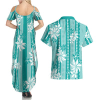 Hawaii Kakau Tribal Couples Matching Summer Maxi Dress and Hawaiian Shirt With Teal Tiare LT05 - Polynesian Pride