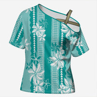Hawaii Kakau Tribal Cross Shoulder Shirt With Teal Tiare LT05 Female Teal - Polynesian Pride
