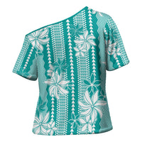 Hawaii Kakau Tribal Cross Shoulder Shirt With Teal Tiare LT05 - Polynesian Pride