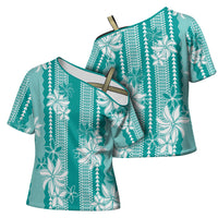 Hawaii Kakau Tribal Cross Shoulder Shirt With Teal Tiare LT05 - Polynesian Pride
