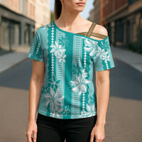 Hawaii Kakau Tribal Cross Shoulder Shirt With Teal Tiare LT05 - Polynesian Pride
