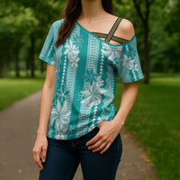 Hawaii Kakau Tribal Cross Shoulder Shirt With Teal Tiare LT05 - Polynesian Pride