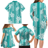 Hawaii Kakau Tribal Family Matching Long Sleeve Bodycon Dress and Hawaiian Shirt With Teal Tiare