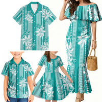 Hawaii Kakau Tribal Family Matching Mermaid Dress and Hawaiian Shirt With Teal Tiare LT05 - Polynesian Pride