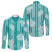 Hawaii Kakau Tribal Family Matching Mermaid Dress and Hawaiian Shirt With Teal Tiare LT05 Dad's Shirt - Long Sleeve Teal - Polynesian Pride