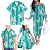 Hawaii Kakau Tribal Family Matching Off The Shoulder Long Sleeve Dress and Hawaiian Shirt With Teal Tiare