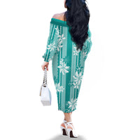 Hawaii Kakau Tribal Family Matching Off The Shoulder Long Sleeve Dress and Hawaiian Shirt With Teal Tiare