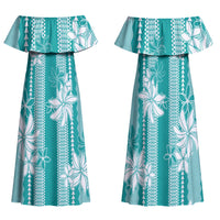 Hawaii Kakau Tribal Family Matching Off Shoulder Maxi Dress and Hawaiian Shirt With Teal Tiare LT05 Mom's Dress Teal - Polynesian Pride