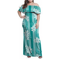 Hawaii Kakau Tribal Family Matching Off Shoulder Maxi Dress and Hawaiian Shirt With Teal Tiare