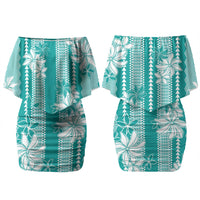 Hawaii Kakau Tribal Family Matching Off Shoulder Short Dress and Hawaiian Shirt With Teal Tiare LT05 Mom's Dress Teal - Polynesian Pride
