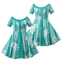 Hawaii Kakau Tribal Family Matching Off Shoulder Short Dress and Hawaiian Shirt With Teal Tiare LT05 Daughter's Dress Teal - Polynesian Pride