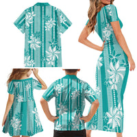 Hawaii Kakau Tribal Family Matching Short Sleeve Bodycon Dress and Hawaiian Shirt With Teal Tiare