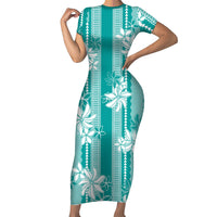 Hawaii Kakau Tribal Family Matching Short Sleeve Bodycon Dress and Hawaiian Shirt With Teal Tiare