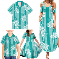 Hawaii Kakau Tribal Family Matching Summer Maxi Dress and Hawaiian Shirt With Teal Tiare