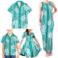 Hawaii Kakau Tribal Family Matching Tank Maxi Dress and Hawaiian Shirt With Teal Tiare