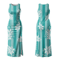Hawaii Kakau Tribal Family Matching Tank Maxi Dress and Hawaiian Shirt With Teal Tiare LT05 Mom's Dress Teal - Polynesian Pride