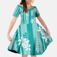 Hawaii Kakau Tribal Kid Short Sleeve Dress With Teal Tiare