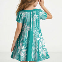 Hawaii Kakau Tribal Kid Short Sleeve Dress With Teal Tiare LT05 - Polynesian Pride