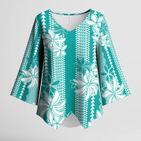 Hawaii Kakau Tribal Kimono Sleeve Blouse With Teal Tiare LT05 Female Teal - Polynesian Pride