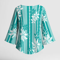 Hawaii Kakau Tribal Kimono Sleeve Blouse With Teal Tiare LT05 - Polynesian Pride