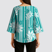 Hawaii Kakau Tribal Kimono Sleeve Blouse With Teal Tiare LT05 - Polynesian Pride