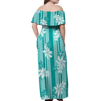 Hawaii Kakau Tribal Off Shoulder Maxi Dress With Teal Tiare LT05 - Polynesian Pride
