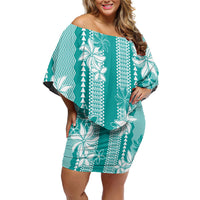 Hawaii Kakau Tribal Off Shoulder Short Dress With Teal Tiare LT05 Women Teal - Polynesian Pride