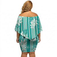 Hawaii Kakau Tribal Off Shoulder Short Dress With Teal Tiare LT05 - Polynesian Pride