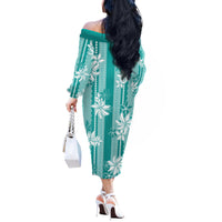 Hawaii Kakau Tribal Off The Shoulder Long Sleeve Dress With Teal Tiare