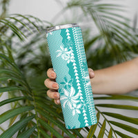 Hawaii Kakau Tribal Skinny Tumbler With Teal Tiare