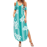Hawaii Kakau Tribal Summer Maxi Dress With Teal Tiare LT05 Women Teal - Polynesian Pride