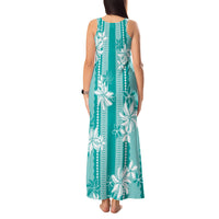 Hawaii Kakau Tribal Tank Maxi Dress With Teal Tiare LT05 - Polynesian Pride