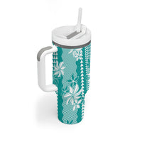 Hawaii Kakau Tribal Tumbler With Handle With Teal Tiare