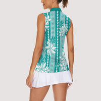 Hawaii Kakau Tribal Women Sleeveless Polo Shirt With Teal Tiare