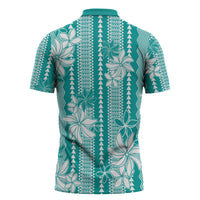 Hawaii Kakau Tribal Zipper Polo Shirt With Teal Tiare LT05 - Polynesian Pride