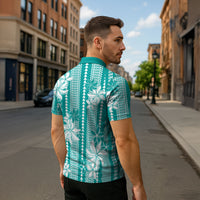 Hawaii Kakau Tribal Zipper Polo Shirt With Teal Tiare LT05 - Polynesian Pride