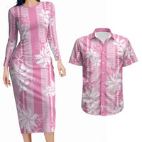 Hawaii Kakau Tribal Couples Matching Long Sleeve Bodycon Dress and Hawaiian Shirt With Pink Tiare LT05 Pink - Polynesian Pride