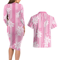 Hawaii Kakau Tribal Couples Matching Long Sleeve Bodycon Dress and Hawaiian Shirt With Pink Tiare LT05 - Polynesian Pride