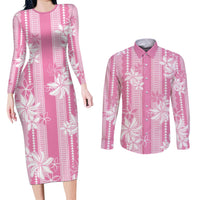 Hawaii Kakau Tribal Couples Matching Long Sleeve Bodycon Dress and Long Sleeve Button Shirt With Pink Tiare LT05 Pink - Polynesian Pride