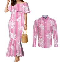 Hawaii Kakau Tribal Couples Matching Mermaid Dress and Long Sleeve Button Shirt With Pink Tiare LT05 Pink - Polynesian Pride