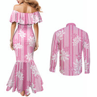 Hawaii Kakau Tribal Couples Matching Mermaid Dress and Long Sleeve Button Shirt With Pink Tiare LT05 - Polynesian Pride