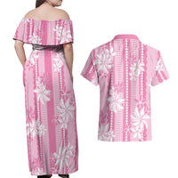Hawaii Kakau Tribal Couples Matching Off Shoulder Maxi Dress and Hawaiian Shirt With Pink Tiare LT05 - Polynesian Pride