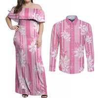 Hawaii Kakau Tribal Couples Matching Off Shoulder Maxi Dress and Long Sleeve Button Shirt With Pink Tiare LT05 Pink - Polynesian Pride