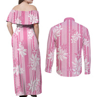 Hawaii Kakau Tribal Couples Matching Off Shoulder Maxi Dress and Long Sleeve Button Shirt With Pink Tiare LT05 - Polynesian Pride
